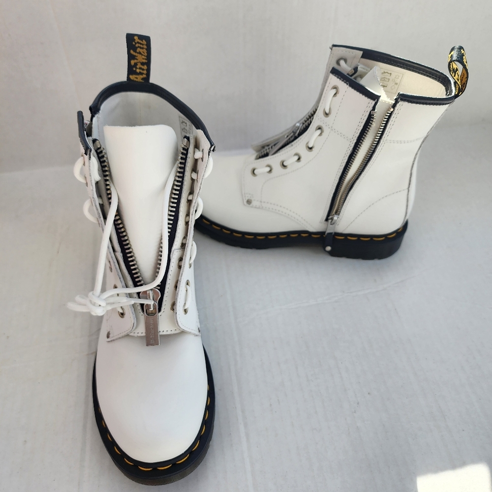DR. MARTENS AIRWAIR DOUBLE ZIP WHITE LEATHER LACE UP COMBAT BOOTS SENDEL - Picture 3 of 16